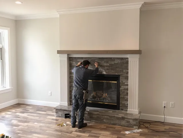 Sunrise Chimney Sweep finishing a custom fireplace install in Sunrise, FL